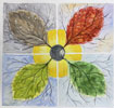 watercolor painting in 4 sections with a leaf on each representing the 4 seasons