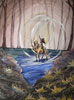 watercolor of a horse and rider on water behind rocks surrounded by trees