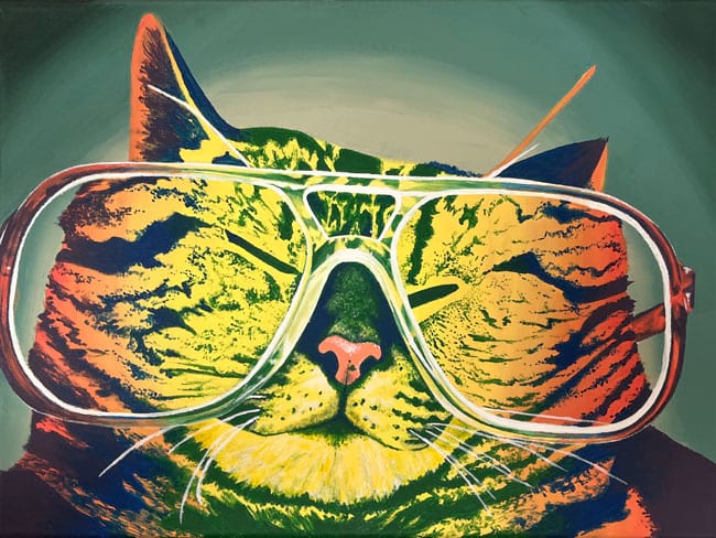 painting of colorful cat wearing glasses