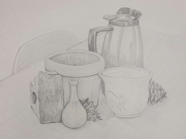 pencil still life of pots, coffee server thermos, pinecones
