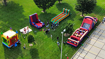 aerial shot of large inflatables for student activities